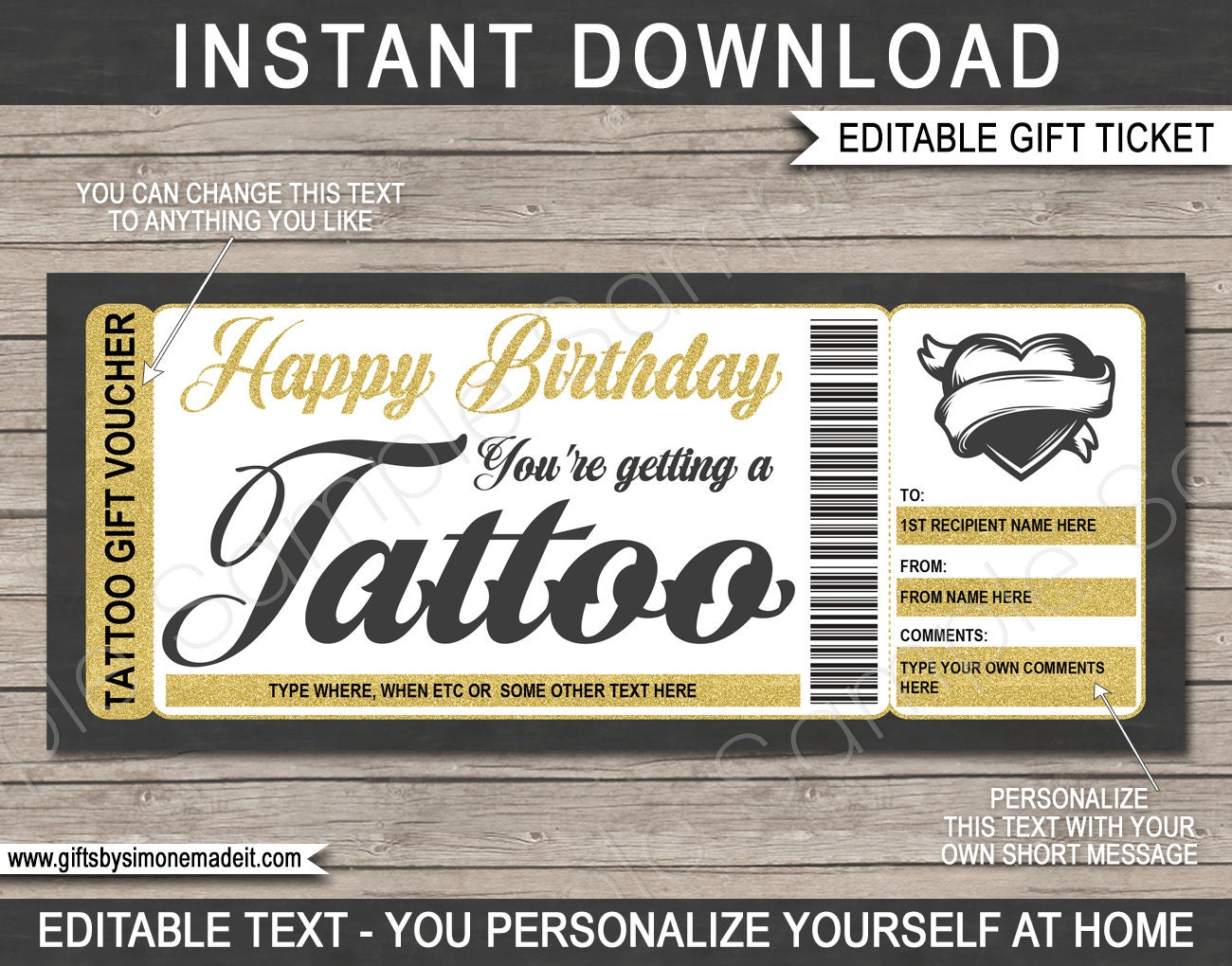 Tattoo Certificate Template Birthday Gift Card Voucher Ticket Printable  Card Coupon - Heart Design - Get Inked - EDITABLE TEXT DOWNLOAD Inside Tattoo Gift Certificate Template