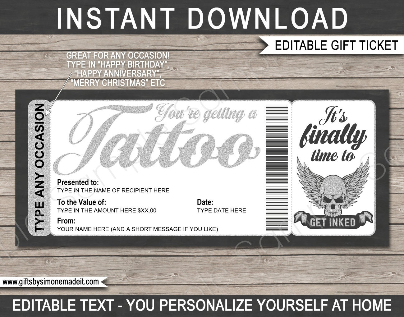 Tattoo Gift Certificate Card Voucher Printable Custom Template – Human  Skull With Wings Design – Get Inked – INSTANT DOWNLOAD Text EDITABLE Throughout Tattoo Gift Certificate Template