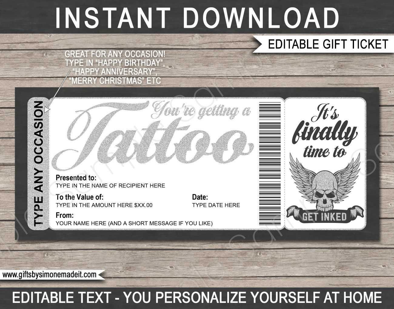 Tattoo Gift Certificate Card Voucher Printable Custom Template - Human  Skull with Wings Design - Get Inked - INSTANT DOWNLOAD text EDITABLE Throughout Tattoo Gift Certificate Template