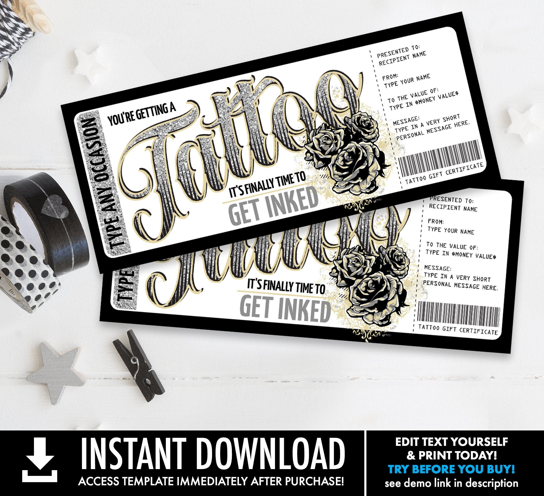 Tattoo Gift Certificate Rose Design Get Inked Gift Card - Etsy
