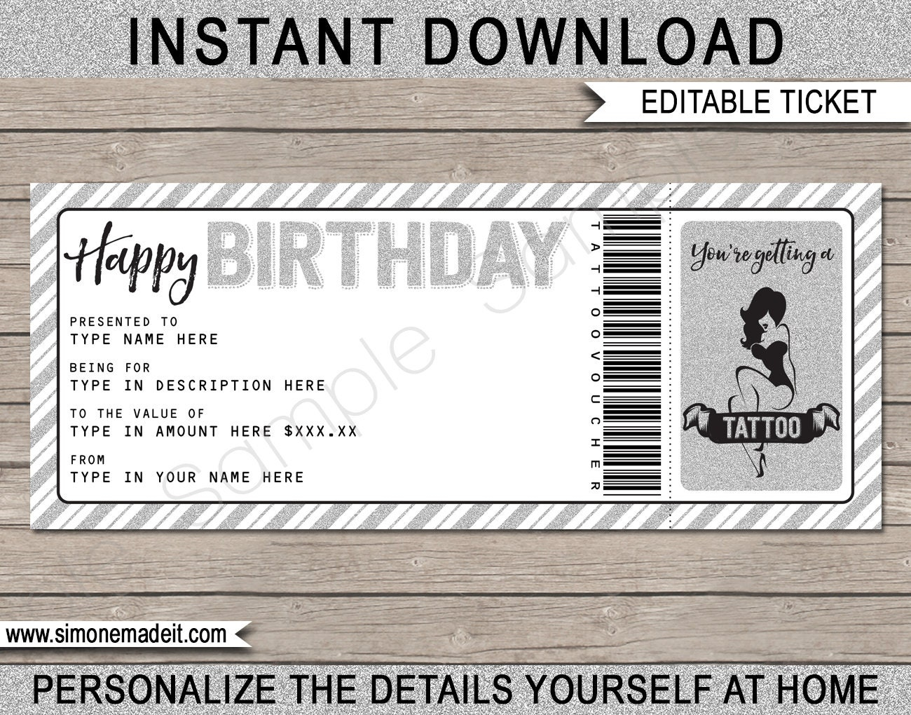 Tattoo Gift Voucher Template – Printable Birthday Gift Ticket Certificate  Card Coupon – Get Inked – EDITABLE TEXT DOWNLOAD – You Personalize With Tattoo Gift Certificate Template