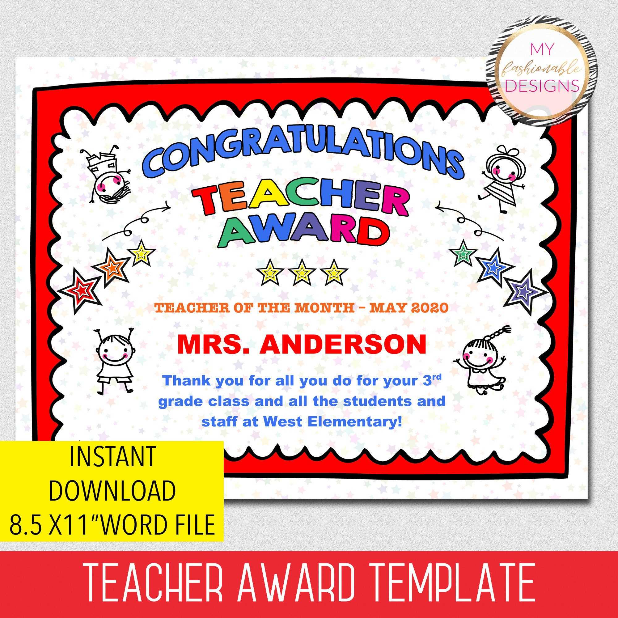 Teacher Award Certificate Template Teacher Certificate - Etsy