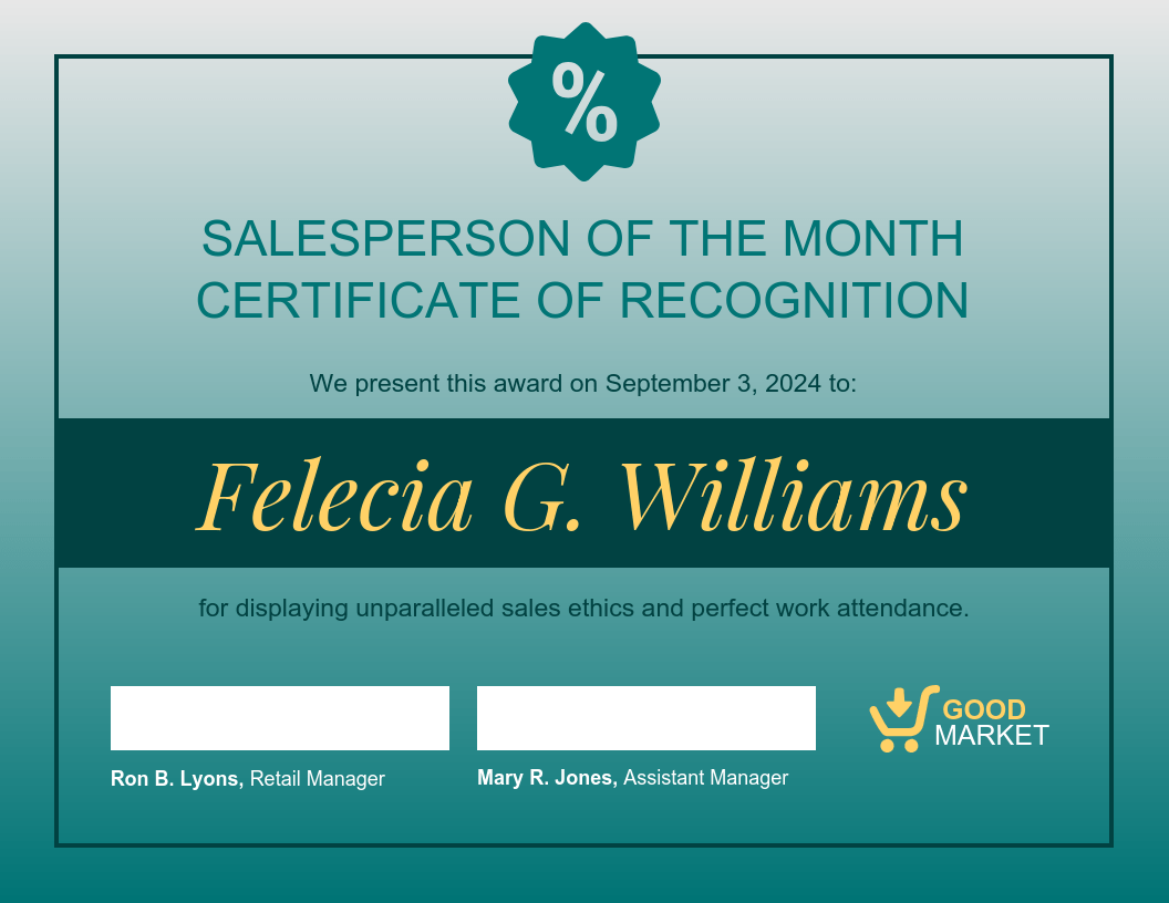 Teal Sales Employee Recognition Certificate Template In Sales Certificate Template Teal Sales Employee Recognition Certificate Template In Sales Certificate Template