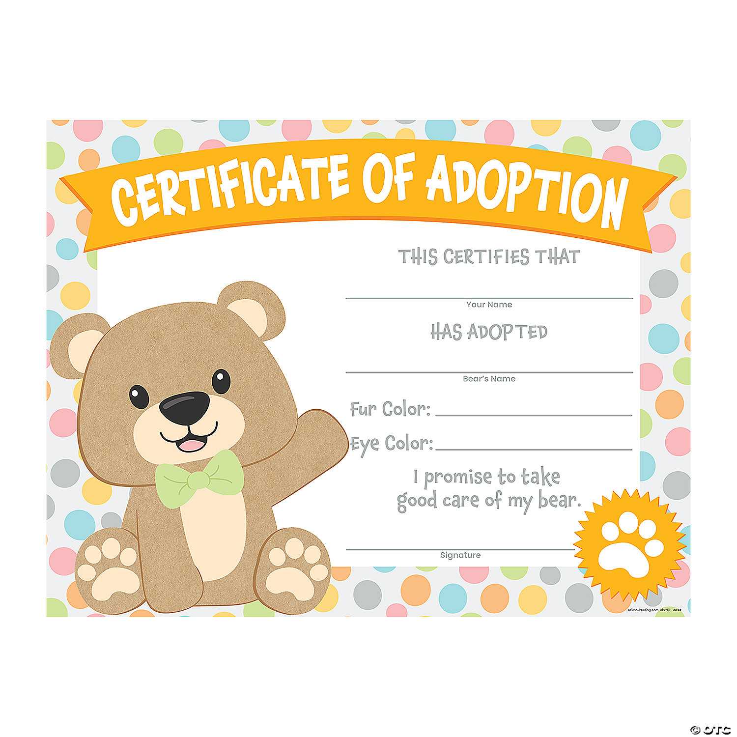 Teddy Bear Adoption Certificates - 10 Pc