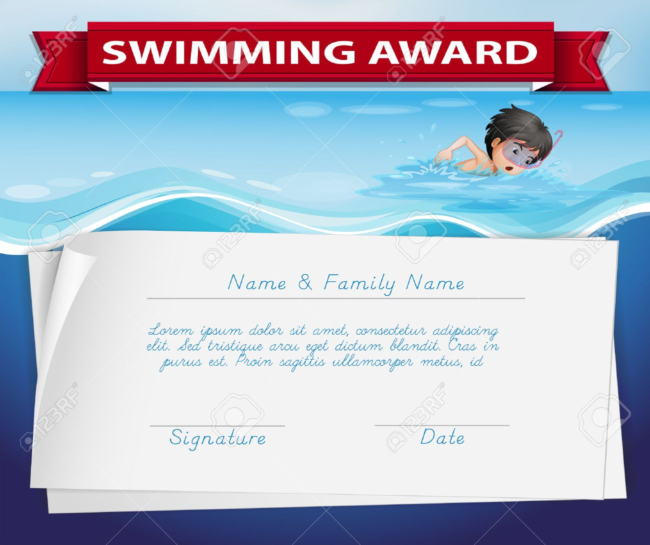 Template Of Certificate For Swimming Award Illustration Royalty  Pertaining To Swimming Award Certificate Template
