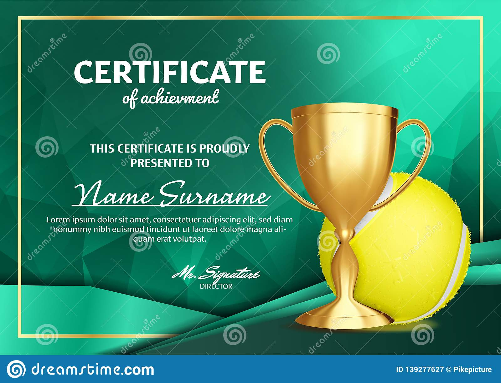 Tennis Certificate Diploma With Golden Cup Vector