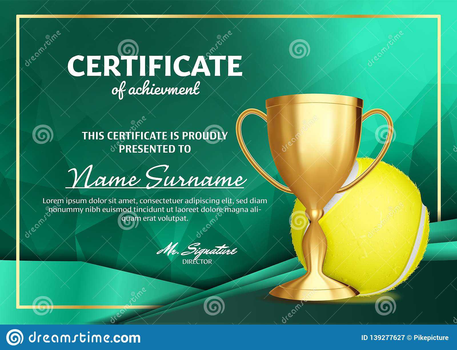 Tennis Certificate Diploma With Golden Cup Vector