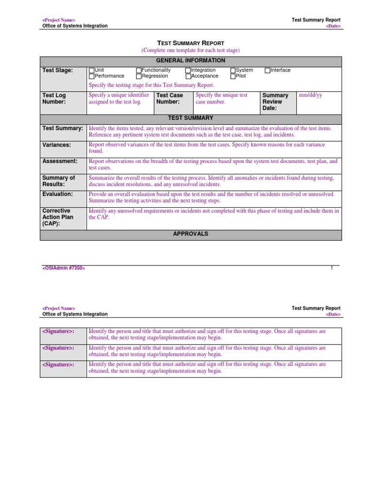 Test Summary Report Template  PDF Within Test Summary Report Template