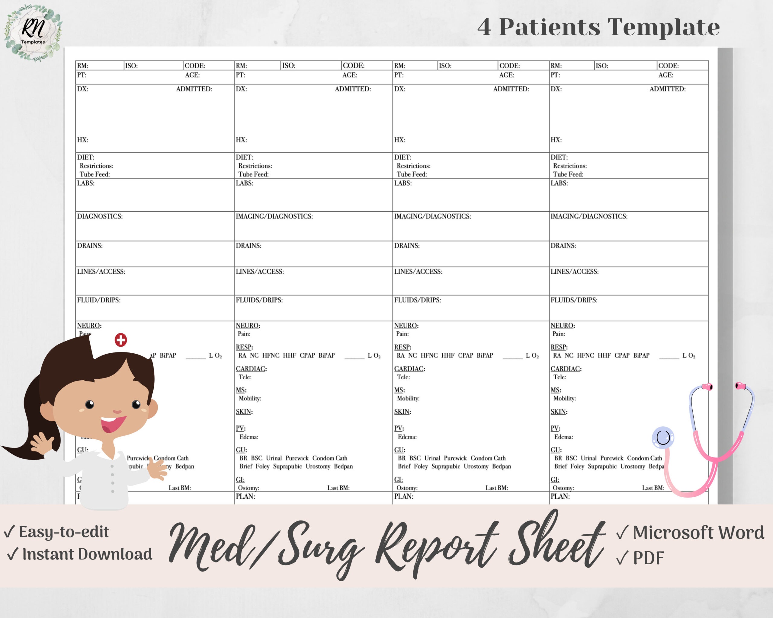 The BEST Med/surg Nurse Brain Report Sheet for 10 Patients - Etsy UK Inside Med Surg Report Sheet Templates
