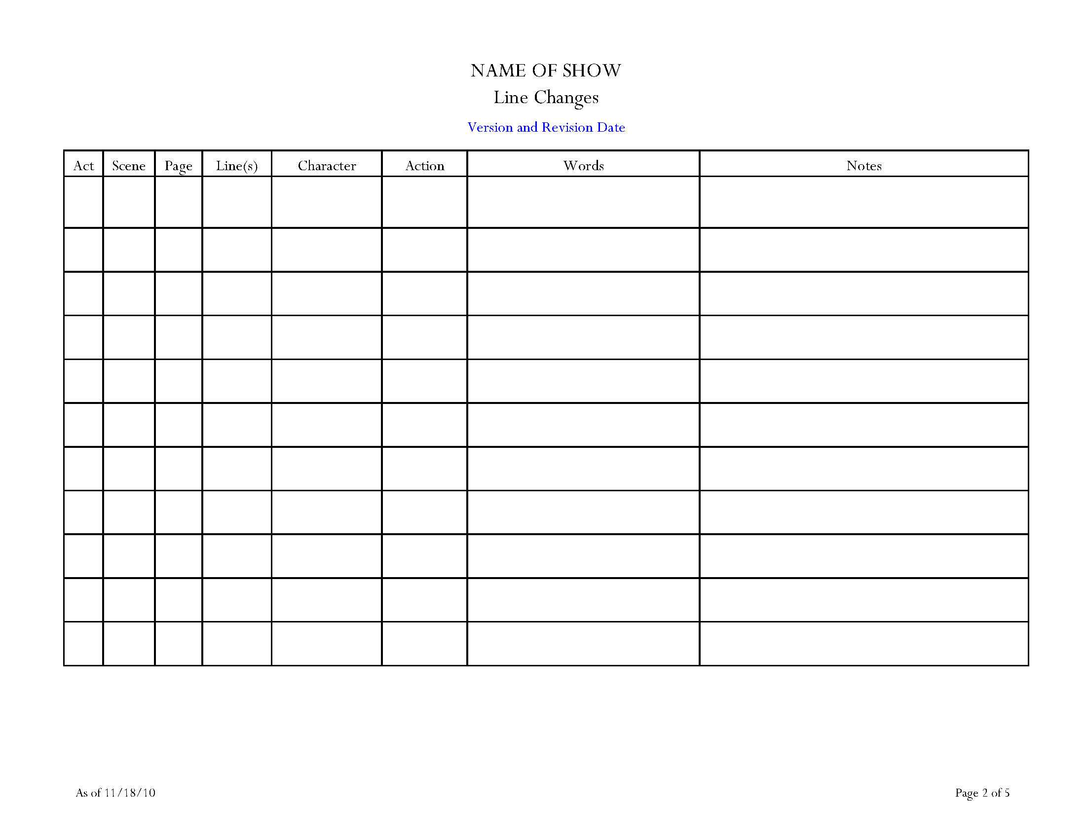 The Stage Manager’s Toolkit Throughout Rehearsal Report Template