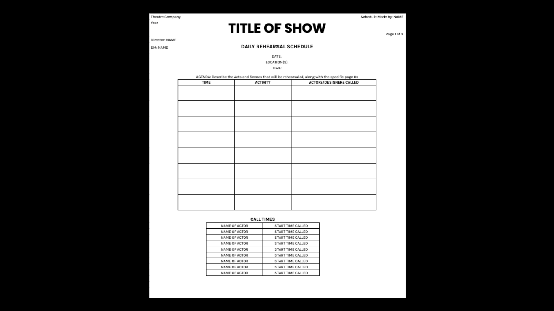 Theatre Template: Daily Rehearsal Schedule With Rehearsal Report Template