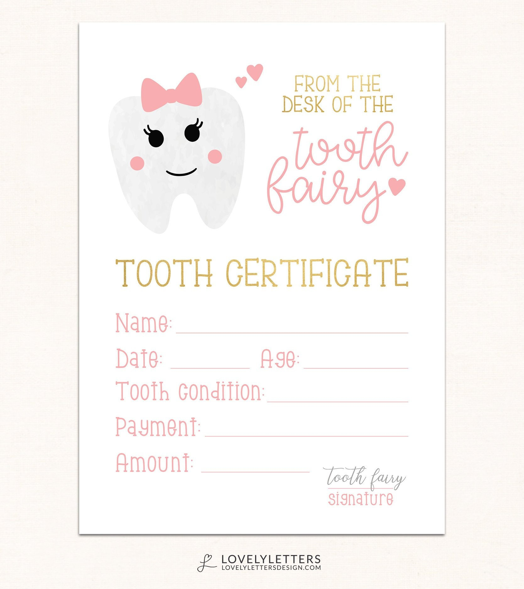 Tooth Fairy Certificate / DIGITAL / Tooth Fairy Printable / Tooth Fairy  Receipt / Girls Tooth Fairy Print / Certificate from Tooth Fairy Throughout Tooth Fairy Certificate Template Free