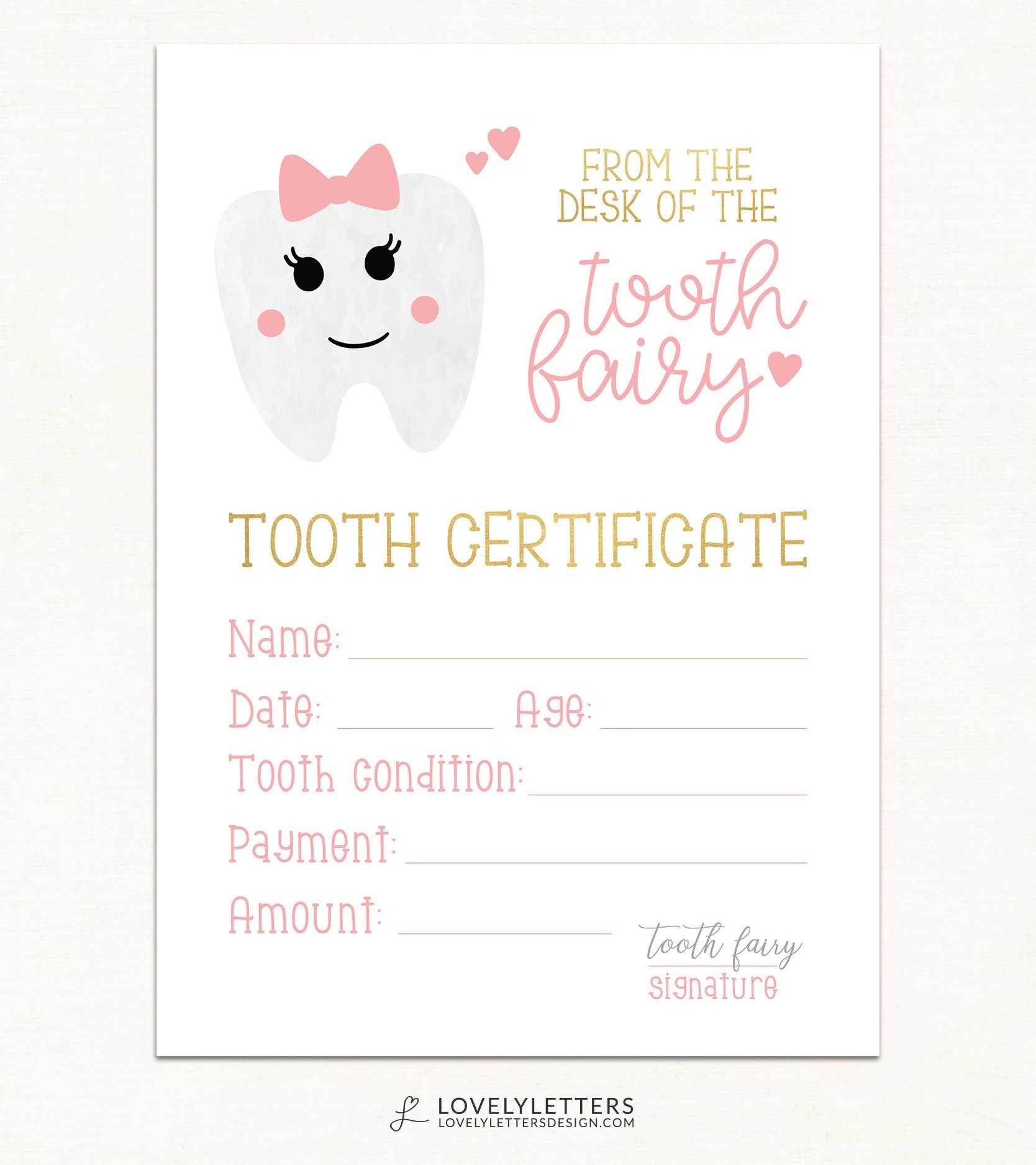 Tooth Fairy Certificate / DIGITAL / Tooth Fairy Printable / Tooth Fairy  Receipt / Girls Tooth Fairy Print / Certificate from Tooth Fairy Throughout Tooth Fairy Certificate Template Free