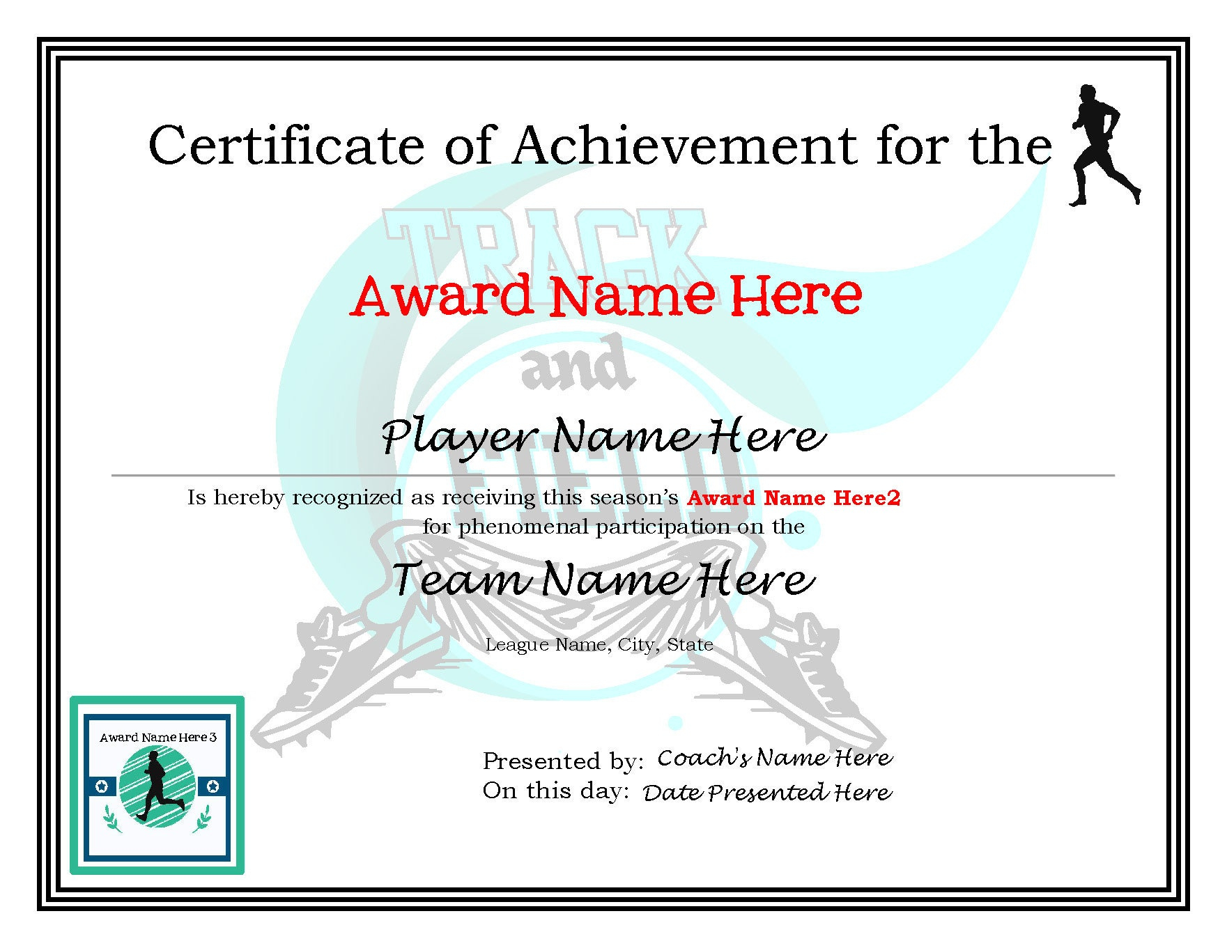 Track Team Awards – Etsy Intended For Track And Field Certificate Templates Free