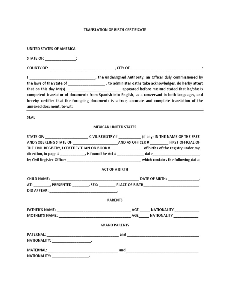 Translation of Birth Certificate  PDF Throughout Mexican Marriage Certificate Translation Template