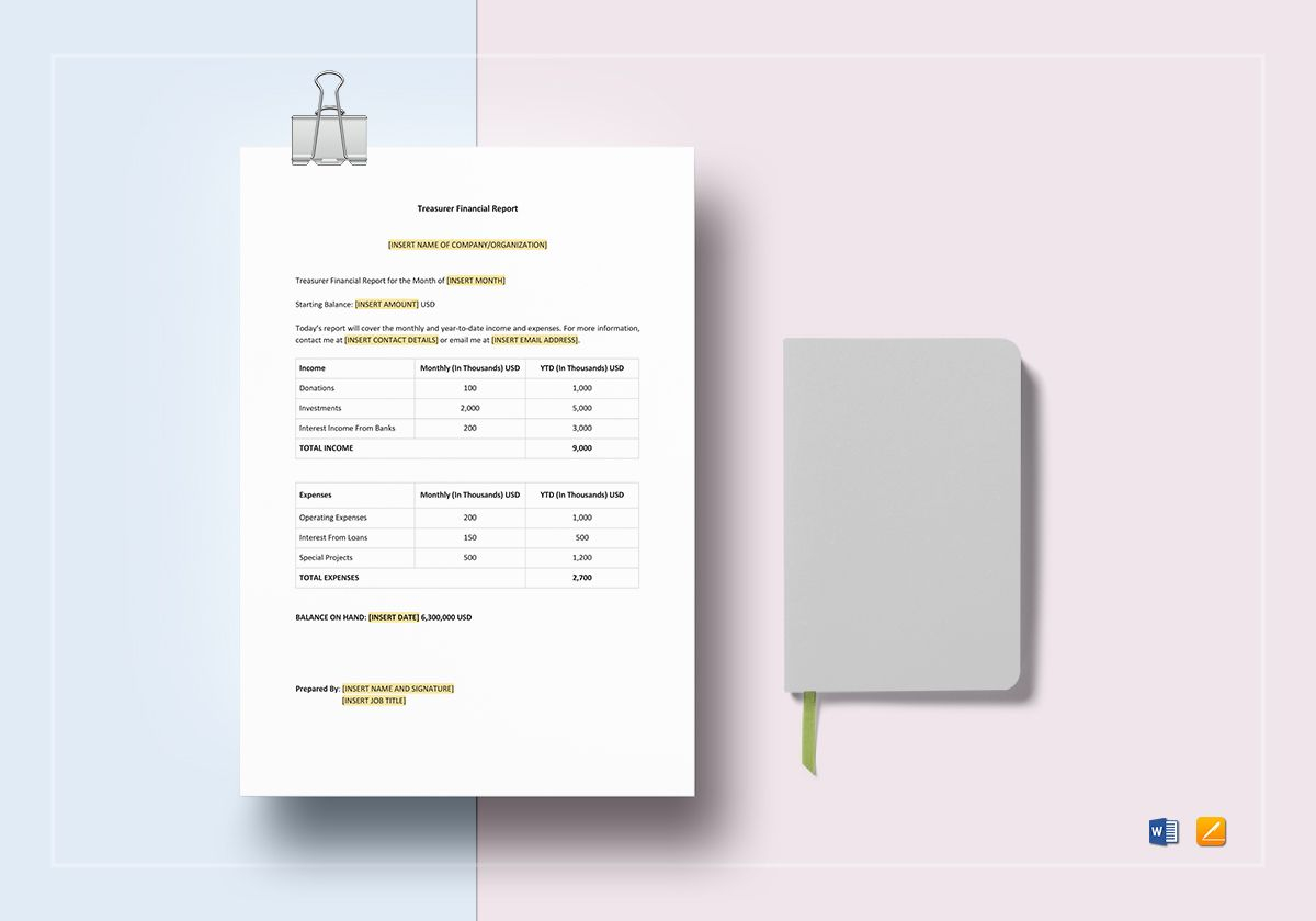 Treasurer Financial Report Template in Word, Apple Pages