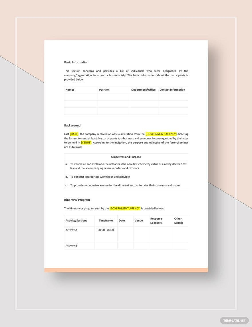 Trip Report Template - Google Docs, Word, Apple Pages  Template  With Regard To Business Trip Report Template