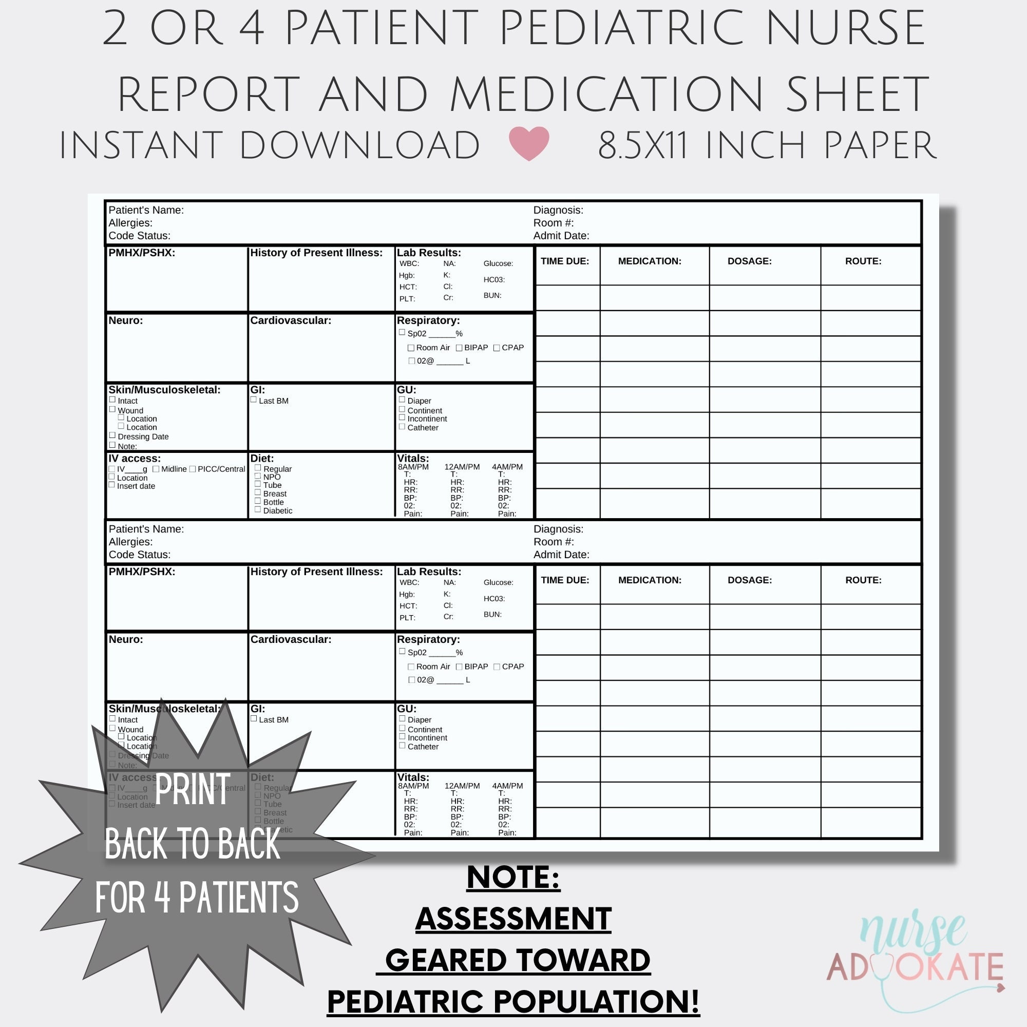 Two or Four Patient Pediatric Nurse Report Brain Sheet - Etsy With Charge Nurse Report Sheet Template