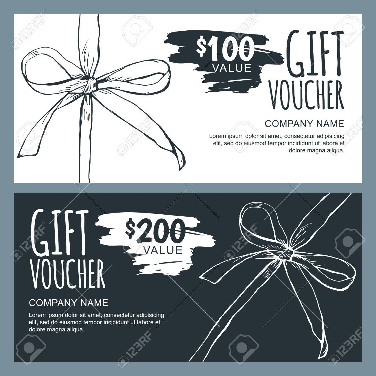 Vector Gift Voucher Template With Hand Drawn Outline Bow Ribbons