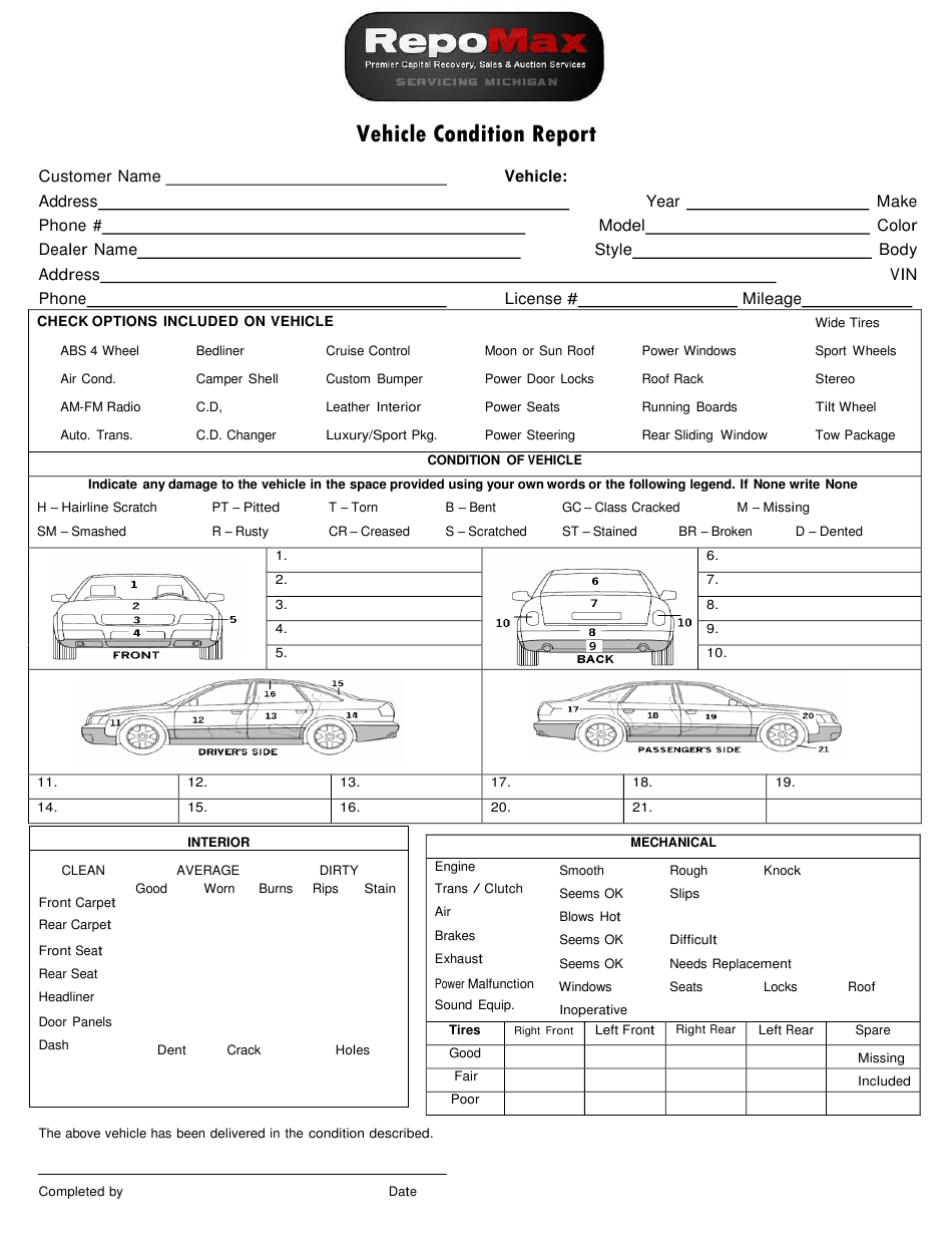 Vehicle Condition Report Template - Repomax Download Printable PDF  In Truck Condition Report Template