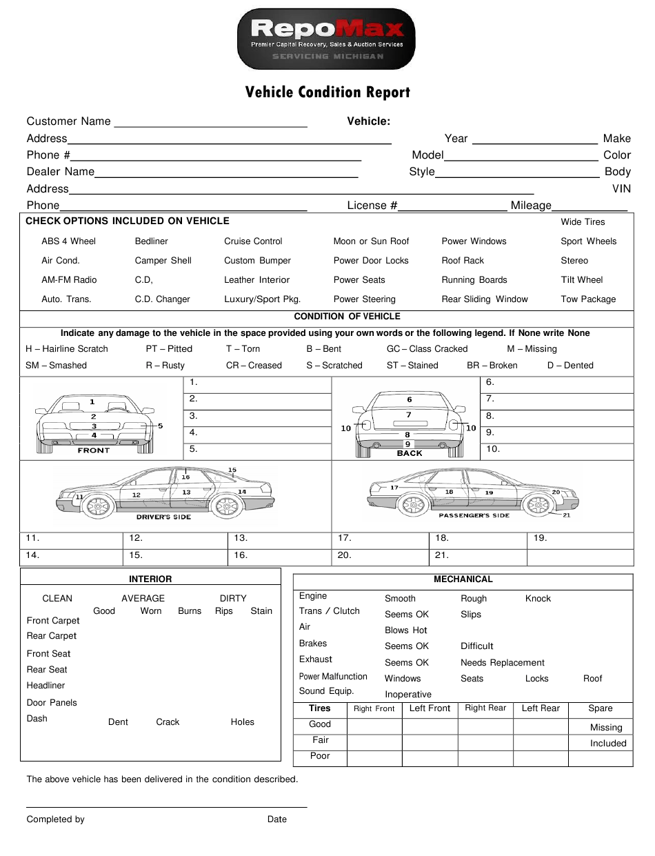 Vehicle Condition Report Template – Repomax Download Printable PDF  In Truck Condition Report Template