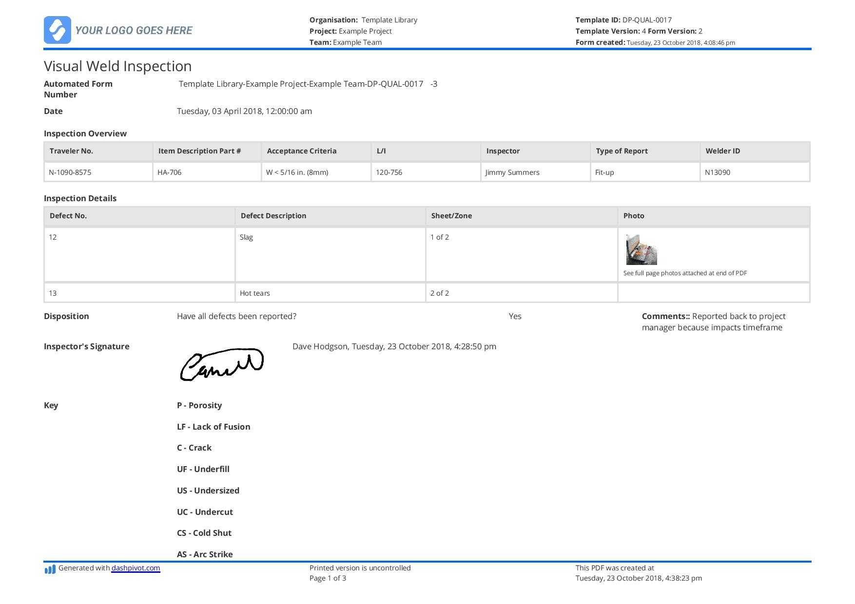 Visual Weld Inspection template - Better than PDF and excel Regarding Welding Inspection Report Template