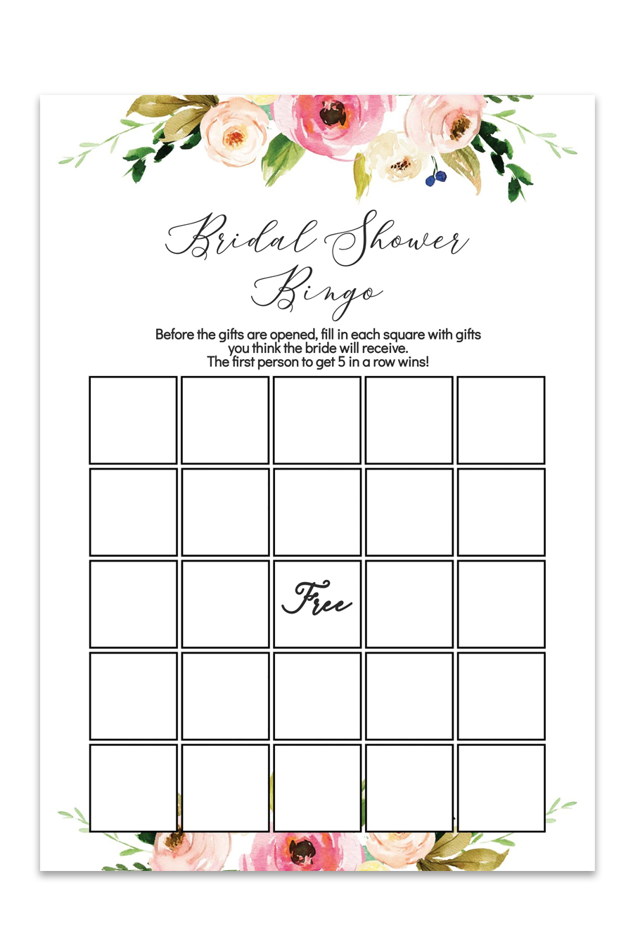 Watercolor Floral Printable Bridal Shower Bingo In Blank Bridal Shower Bingo Template