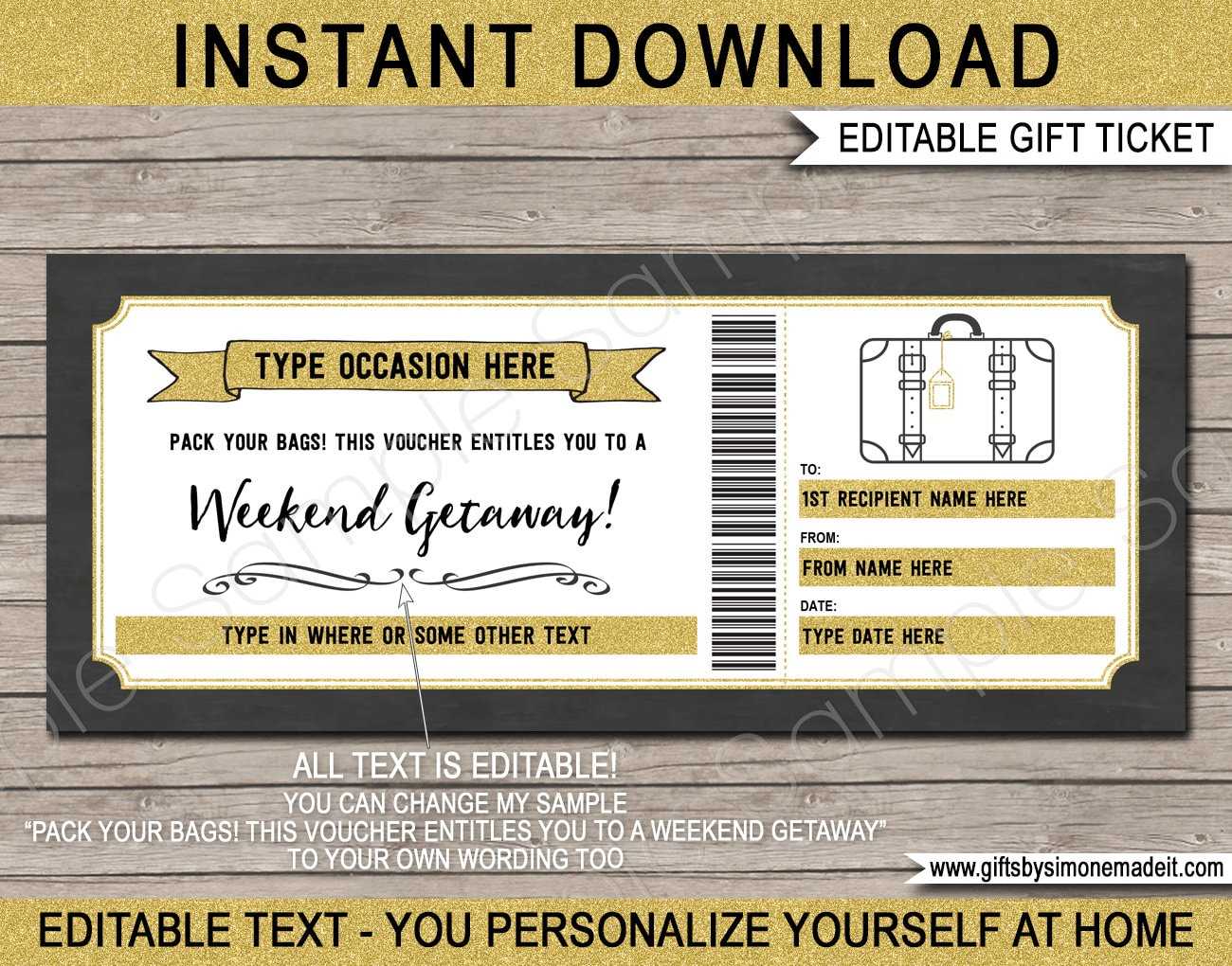 Weekend Away Voucher Template Gift Certificate Ticket Card - Printable  Birthday Trip, Getaway, Pack Your Bags, Hotel Stay - INSTANT DOWNLOAD Intended For This Entitles The Bearer To Template Certificate