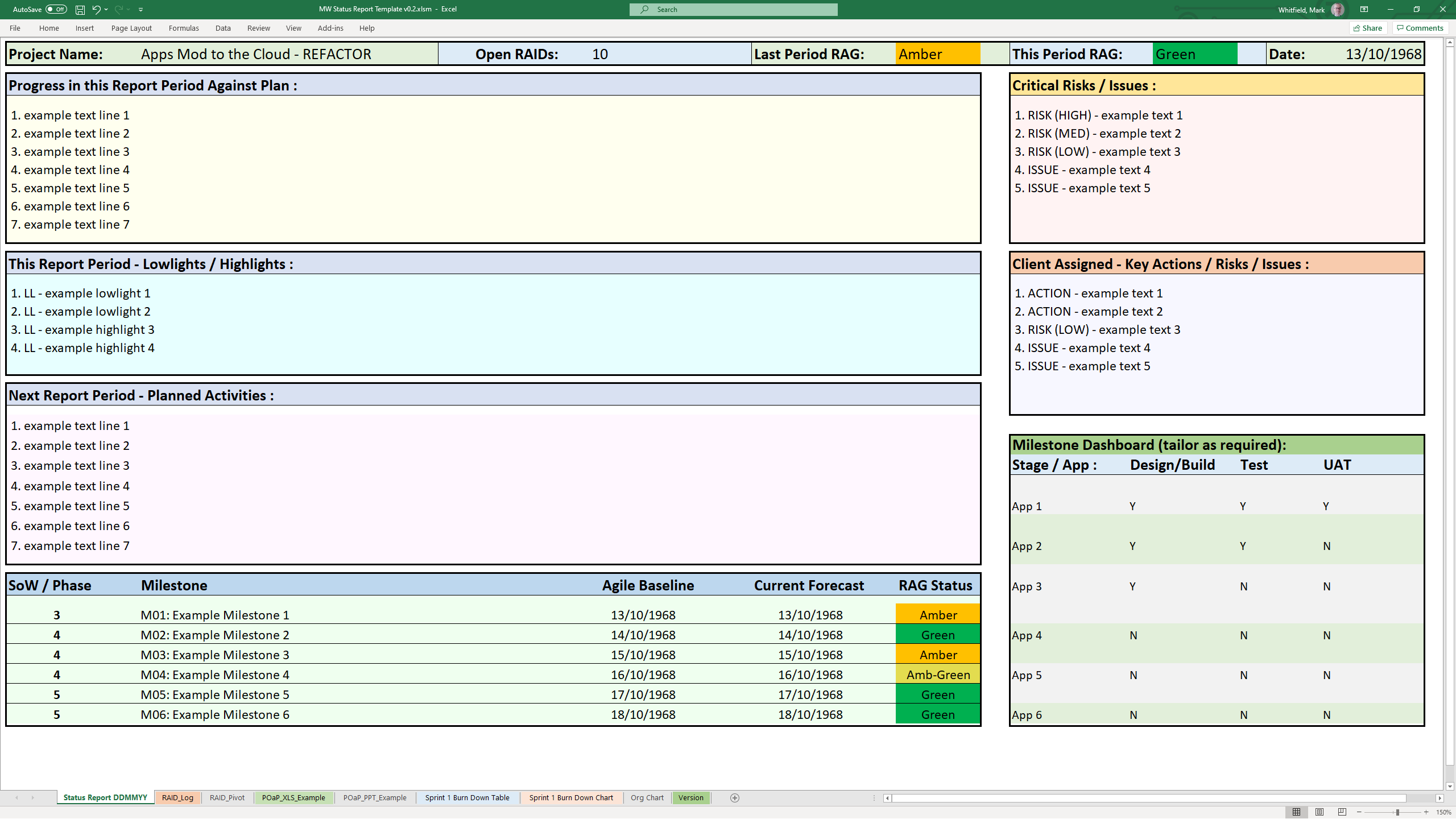 Weekly status report with Plan on a Page (POAP) For Project Weekly Status Report Template Excel