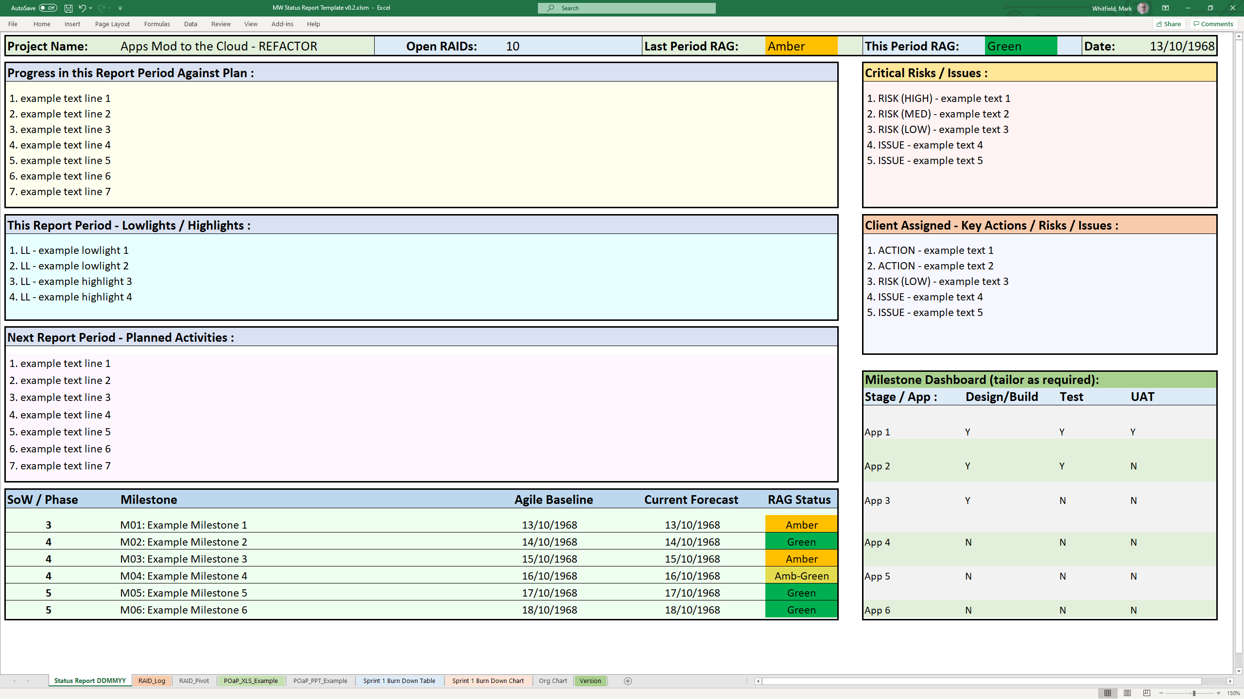 Weekly Status Report With Plan On A Page (POAP) For Project Weekly Status Report Template Excel