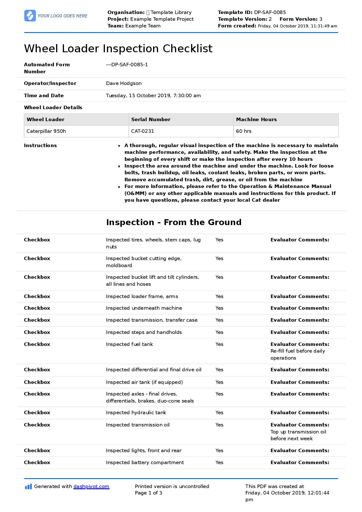 Wheel Loader Inspection Checklist: Free & editable form template Intended For Machine Shop Inspection Report Template