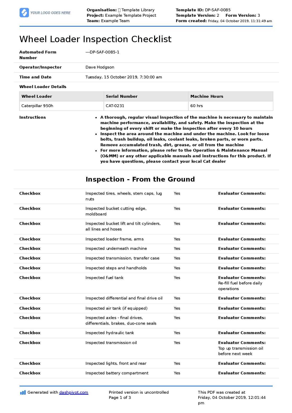 Wheel Loader Inspection Checklist: Free & Editable Form Template Intended For Machine Shop Inspection Report Template