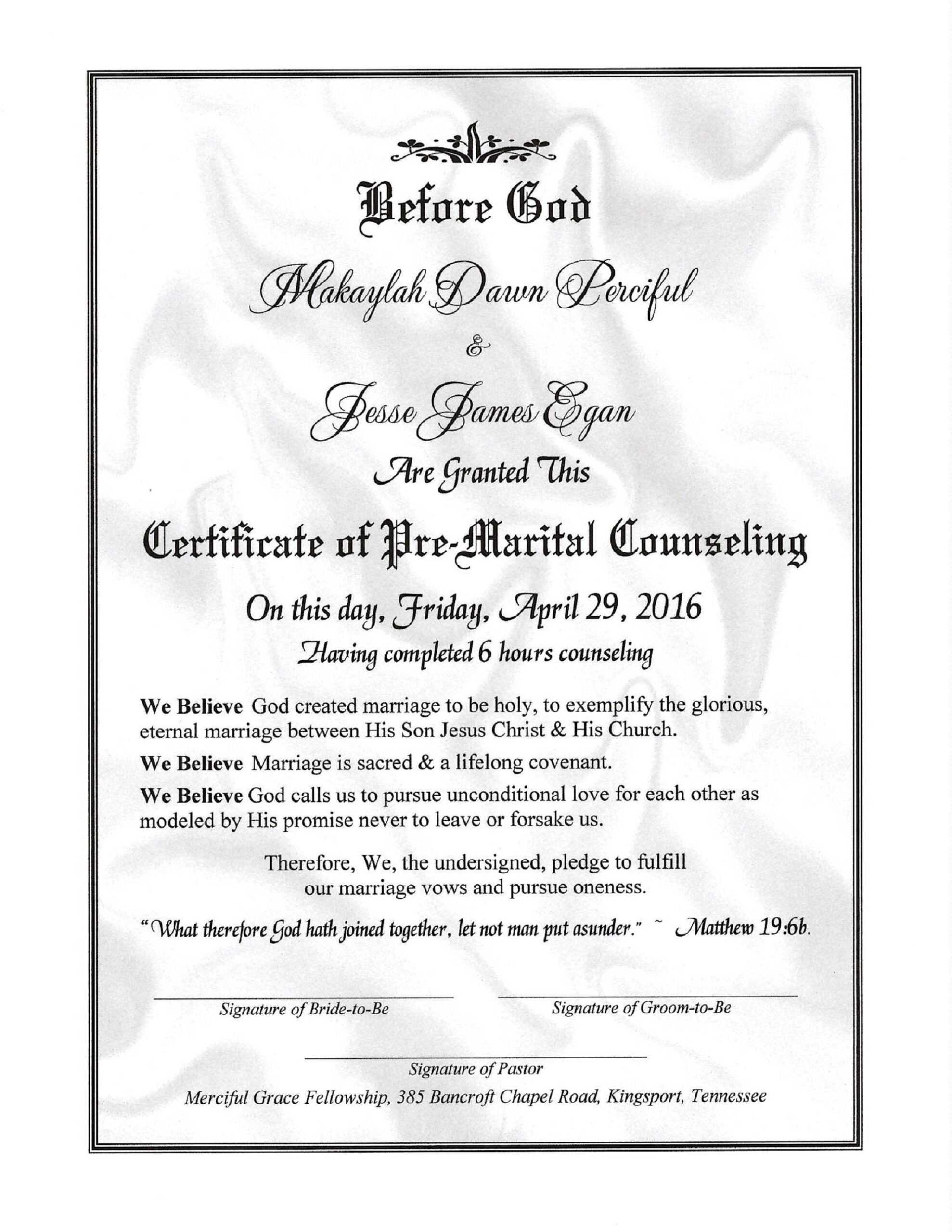 White Satin Elegance Pre Marital Counseling – Etsy Throughout Premarital Counseling Certificate Of Completion Template