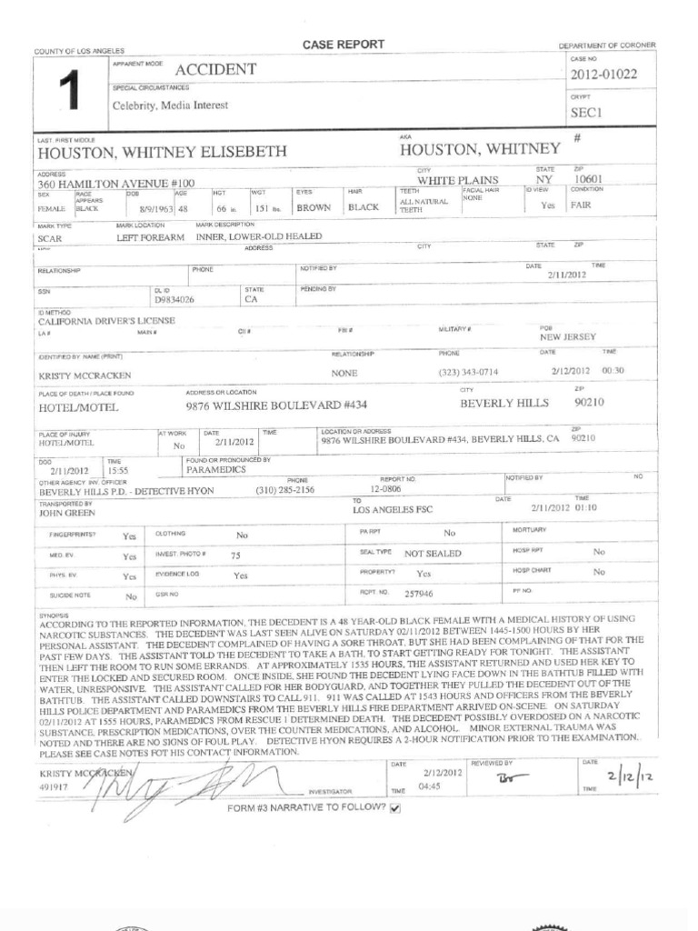 Whitney Houston Coroner Report  PDF In Blank Autopsy Report Template
