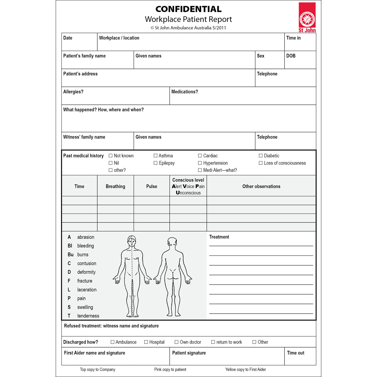 Workplace Patient Report forms- 100 pack (10 book)  St John  For First Aid Incident Report Form Template