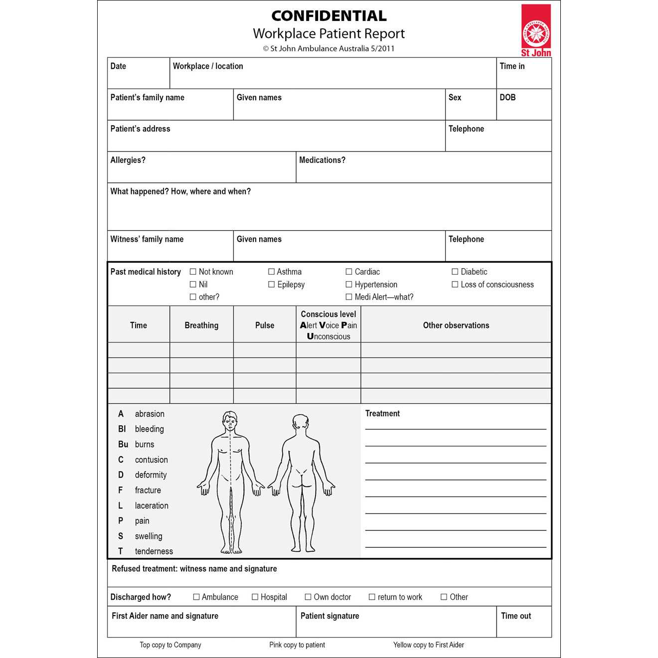 Workplace Patient Report forms- 100 pack (10 book)  St John  For First Aid Incident Report Form Template