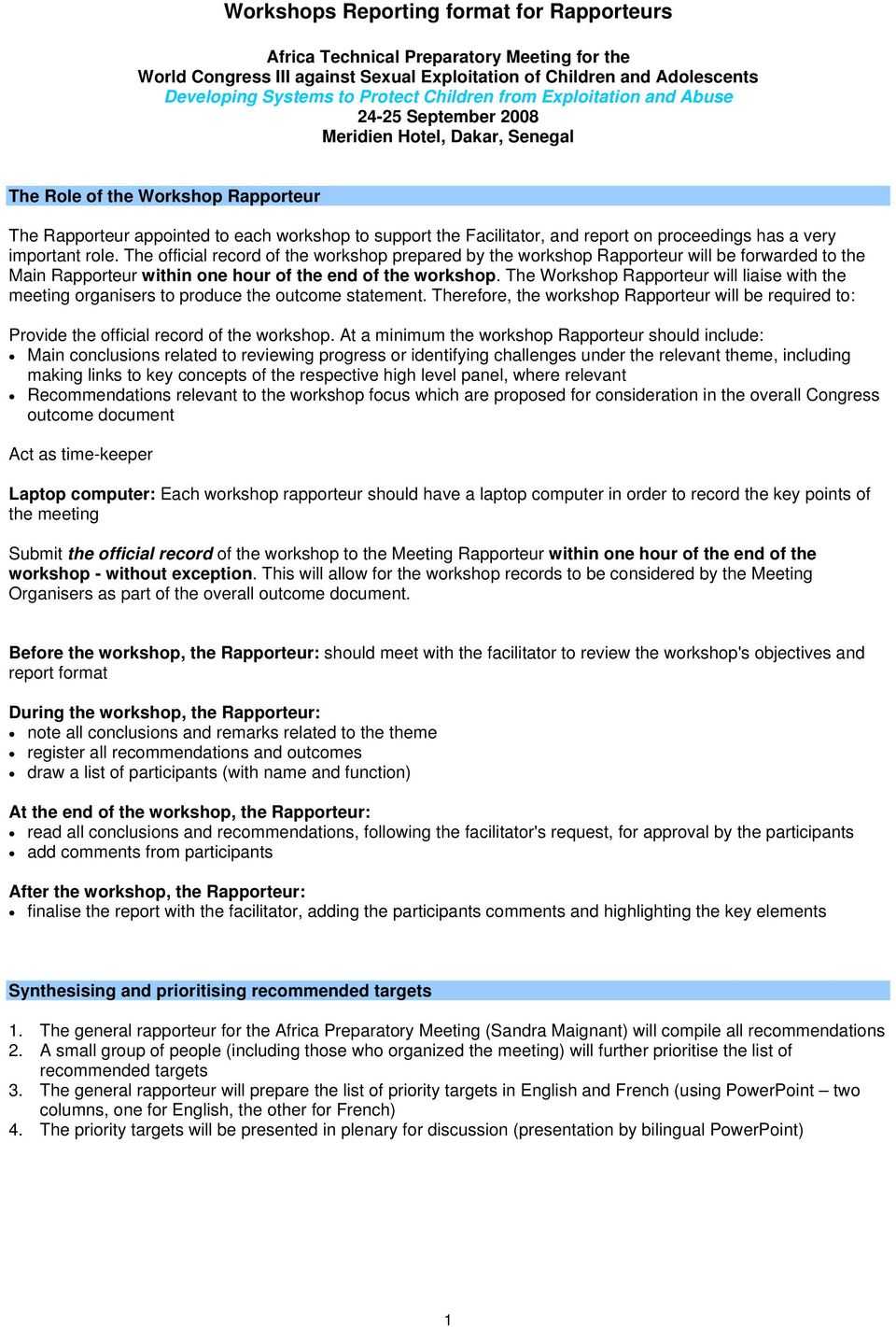 Workshops Reporting format for Rapporteurs - PDF Free Download Throughout Rapporteur Report Template Workshops Reporting format for Rapporteurs - PDF Free Download Throughout Rapporteur Report Template
