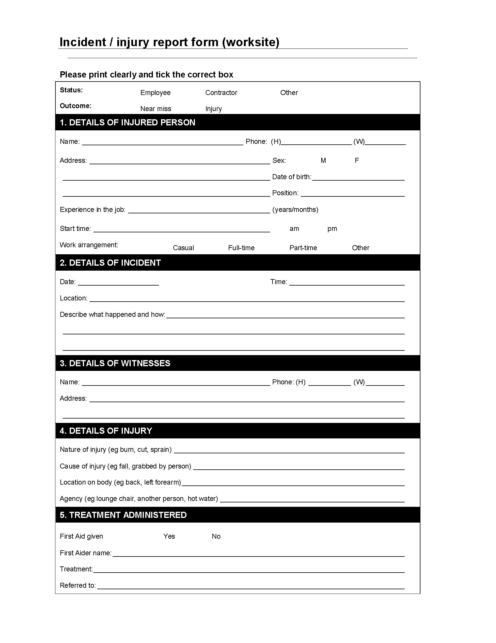Worksite Incident / Injury Report Form  Legal Forms and Business  In Incident Hazard Report Form Template