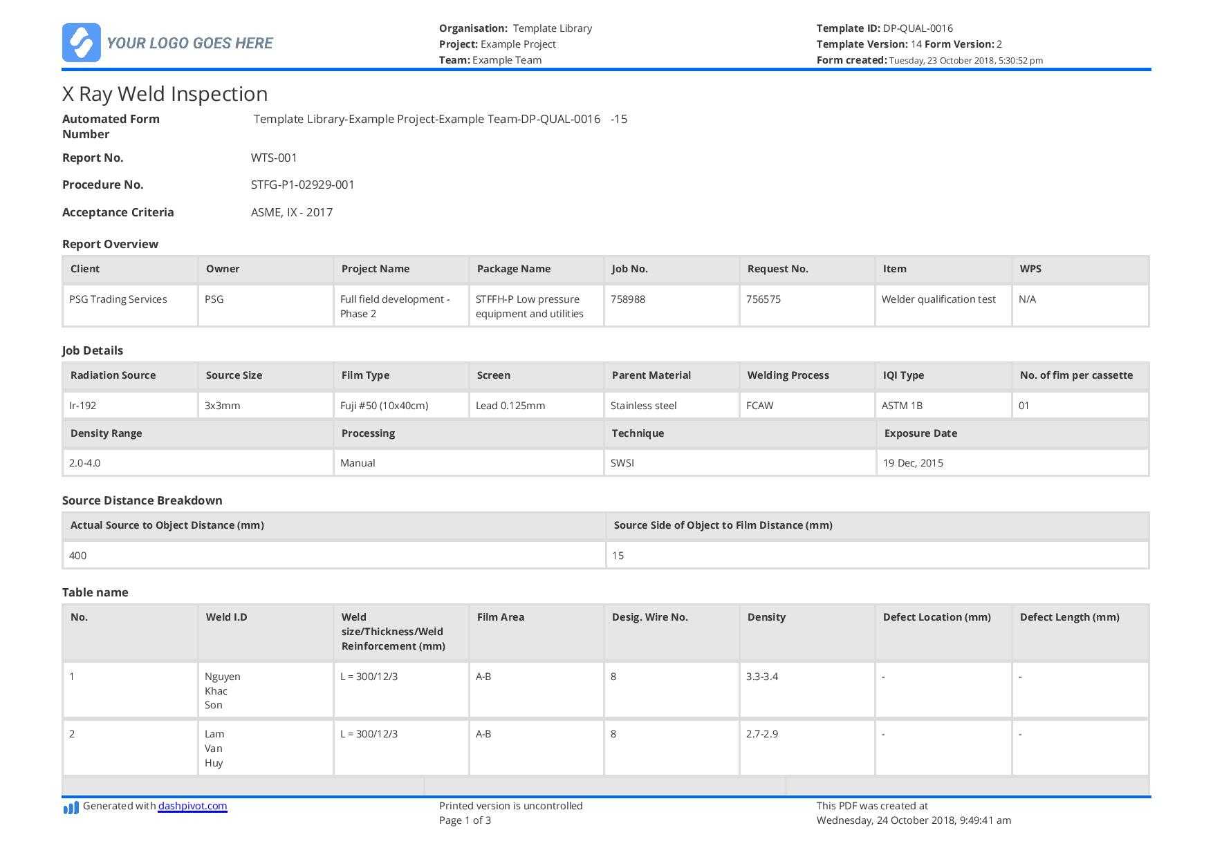 X Ray Weld Inpsection template - Use and customise for free Intended For Welding Inspection Report Template