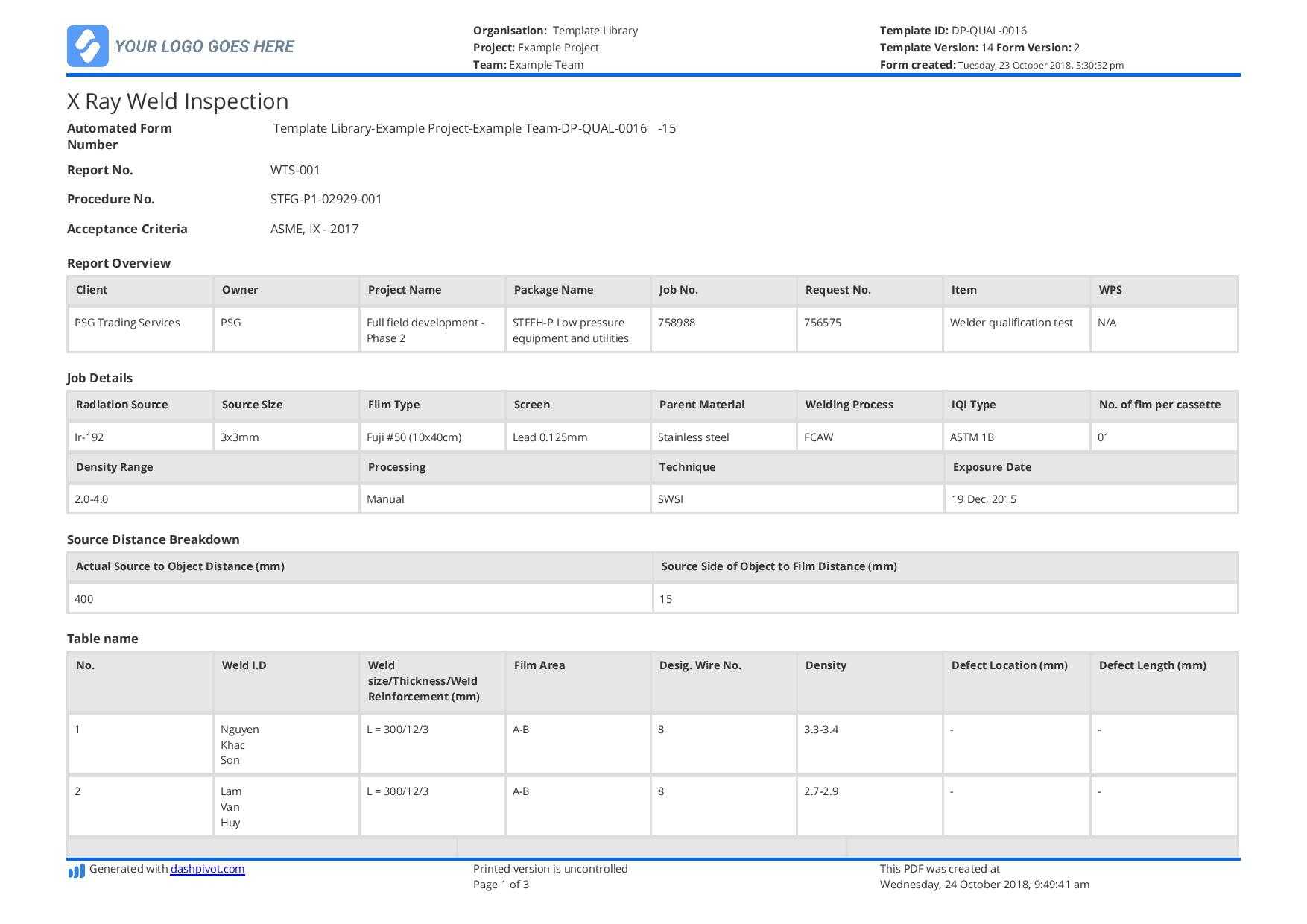 X Ray Weld Inpsection Template – Use And Customise For Free Intended For Welding Inspection Report Template